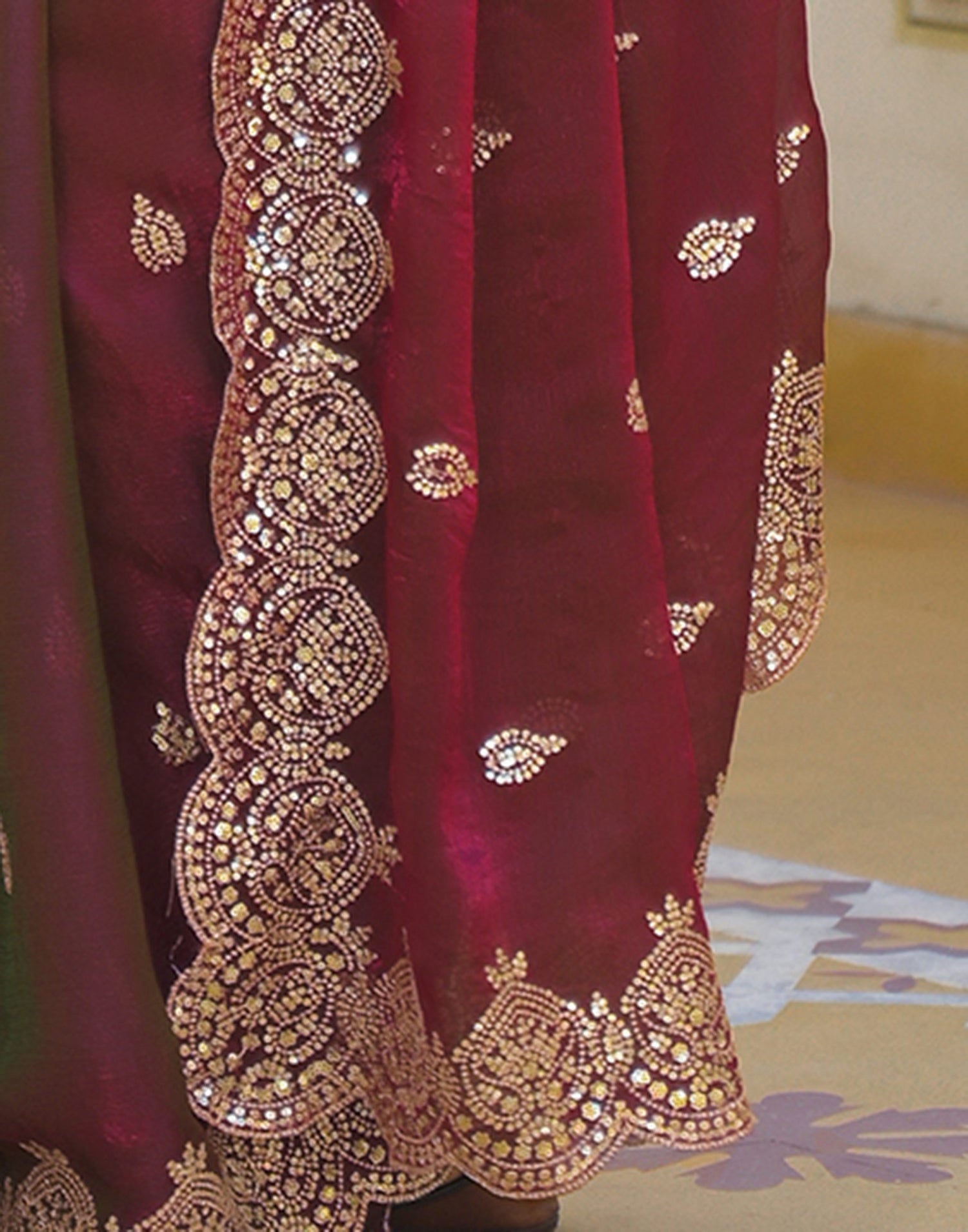 Wine Shimmer Chiffon Sequence Embroidery saree