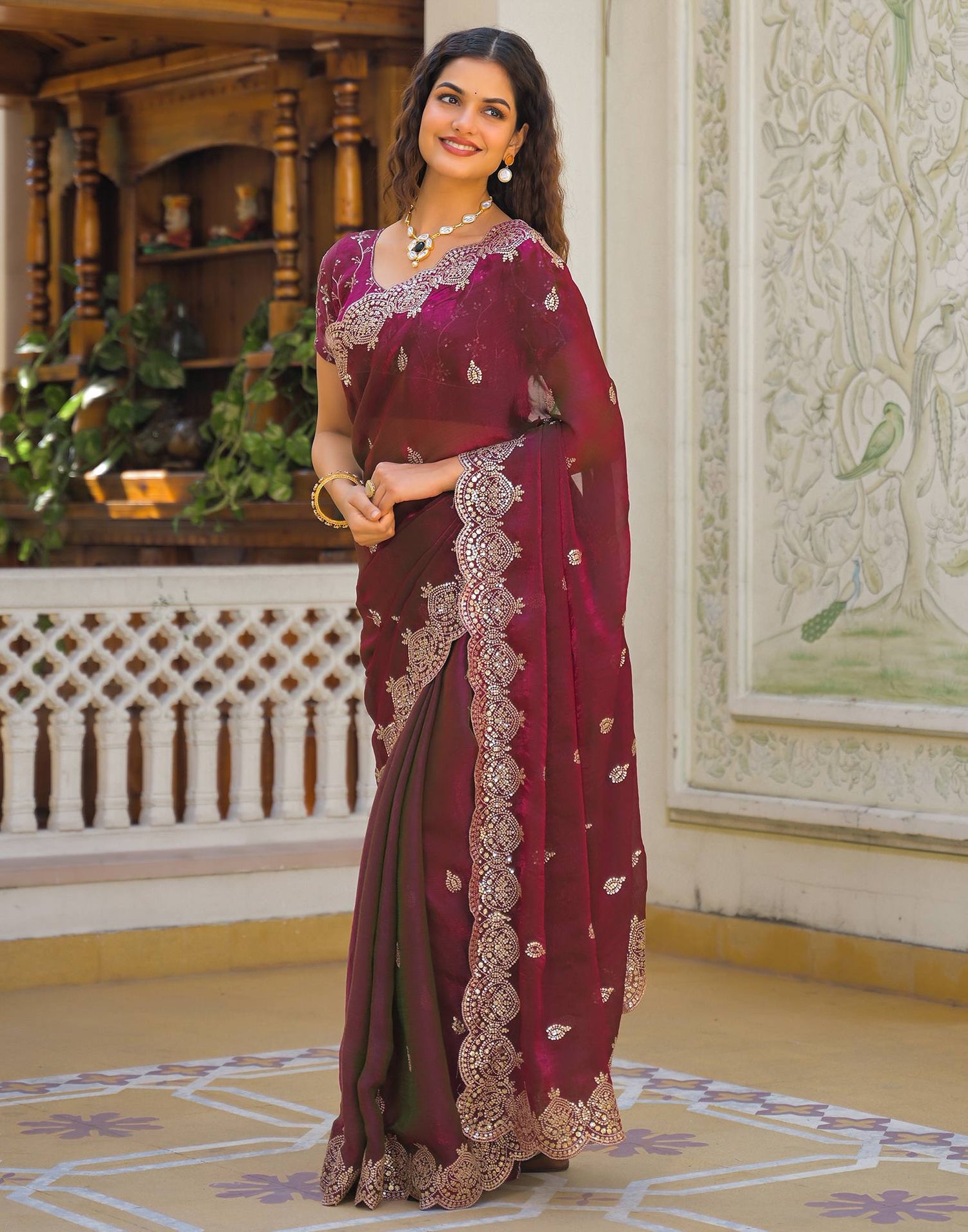 Wine Shimmer Chiffon Sequence Embroidery saree