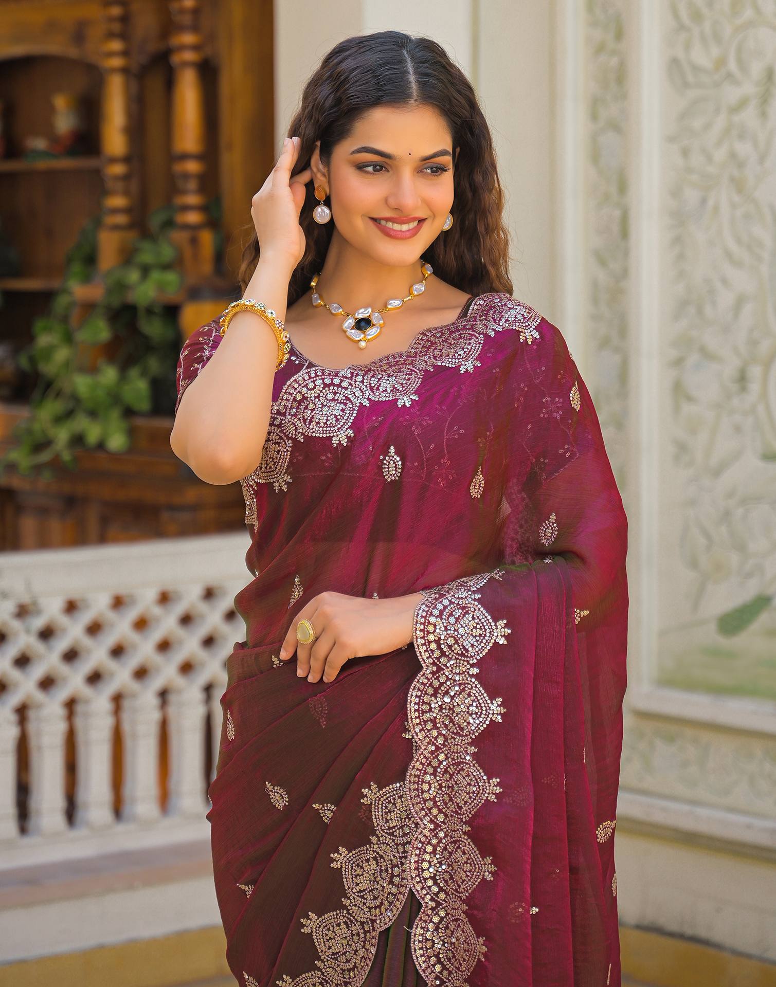 Wine Shimmer Chiffon Sequence Embroidery saree