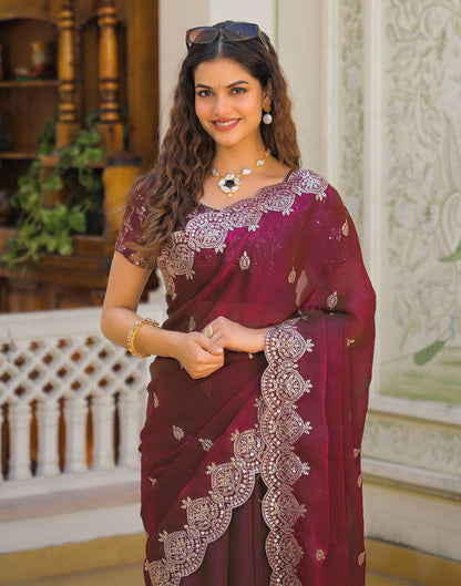 Wine Shimmer Chiffon Sequence Embroidery saree