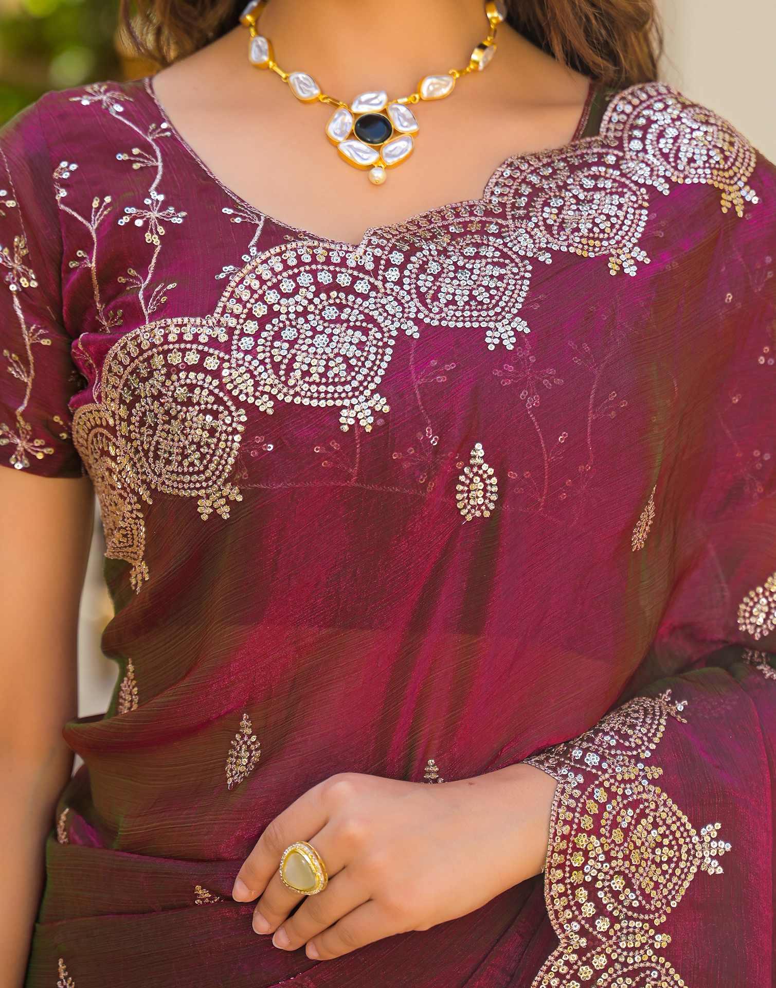 Wine Shimmer Chiffon Sequence Embroidery saree