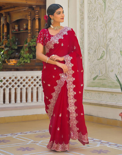 Red Shimmer Chiffon Sequence Embroidery saree