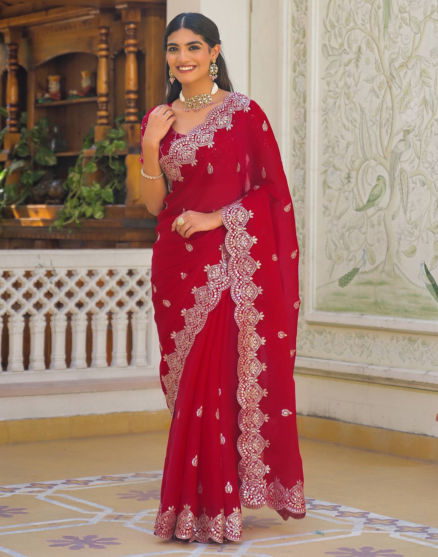 Red Shimmer Chiffon Sequence Embroidery saree