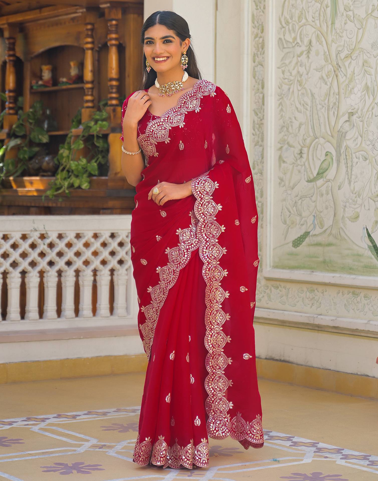 Red Shimmer Chiffon Sequence Embroidery saree