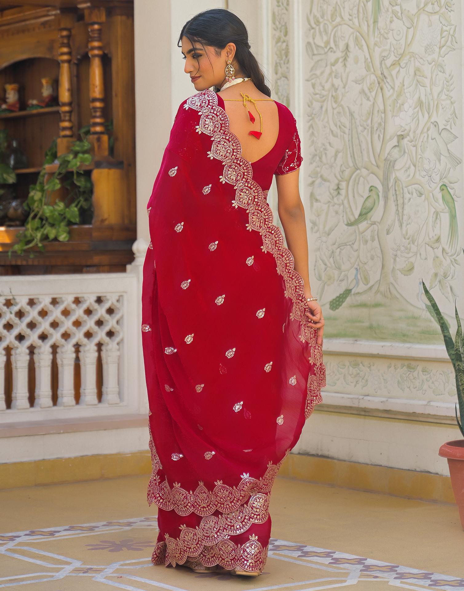 Red Shimmer Chiffon Sequence Embroidery saree