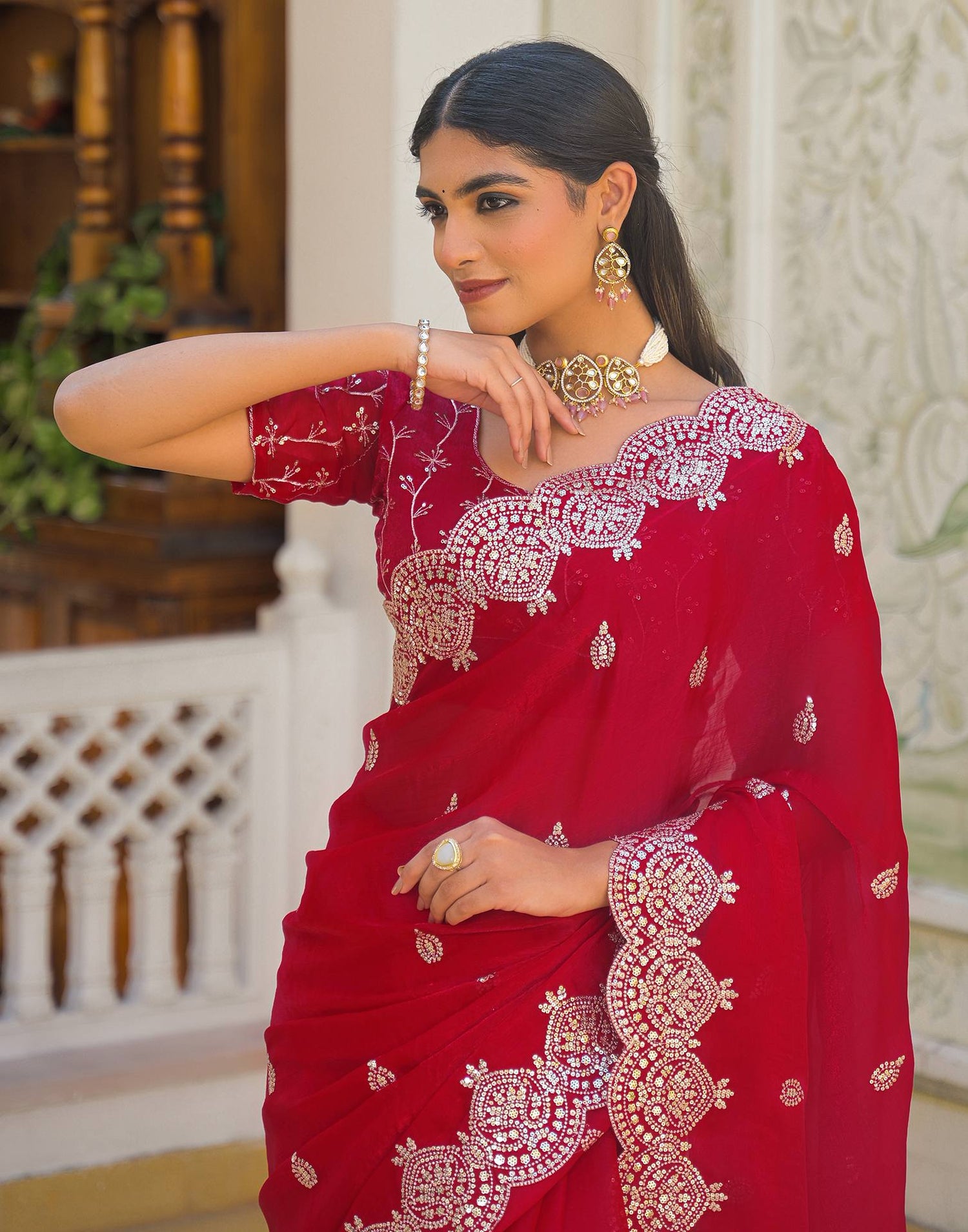 Red Shimmer Chiffon Sequence Embroidery saree
