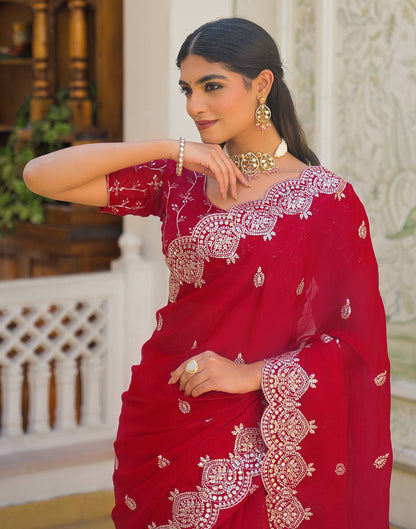 Red Shimmer Chiffon Sequence Embroidery saree