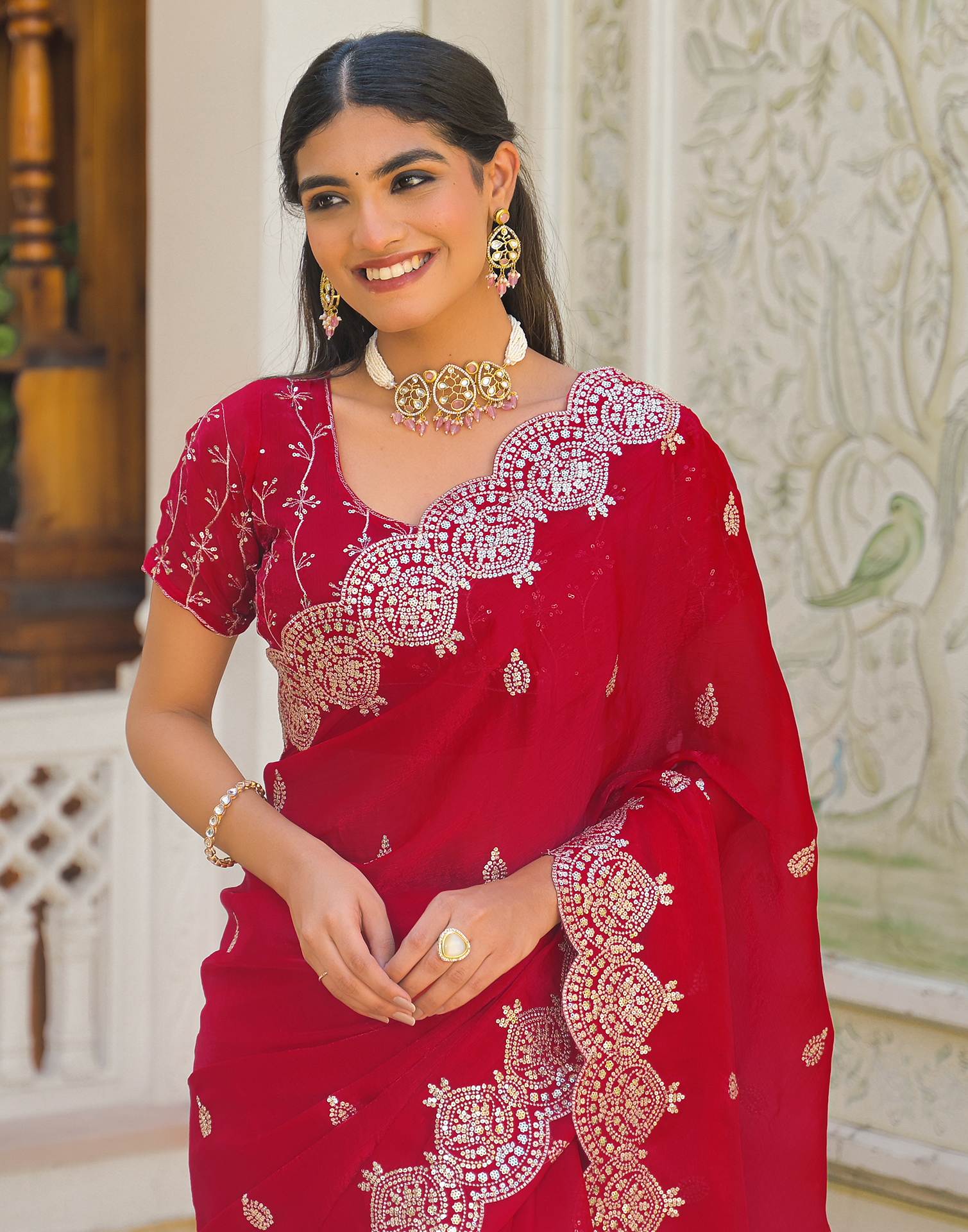 Red Shimmer Chiffon Sequence Embroidery saree