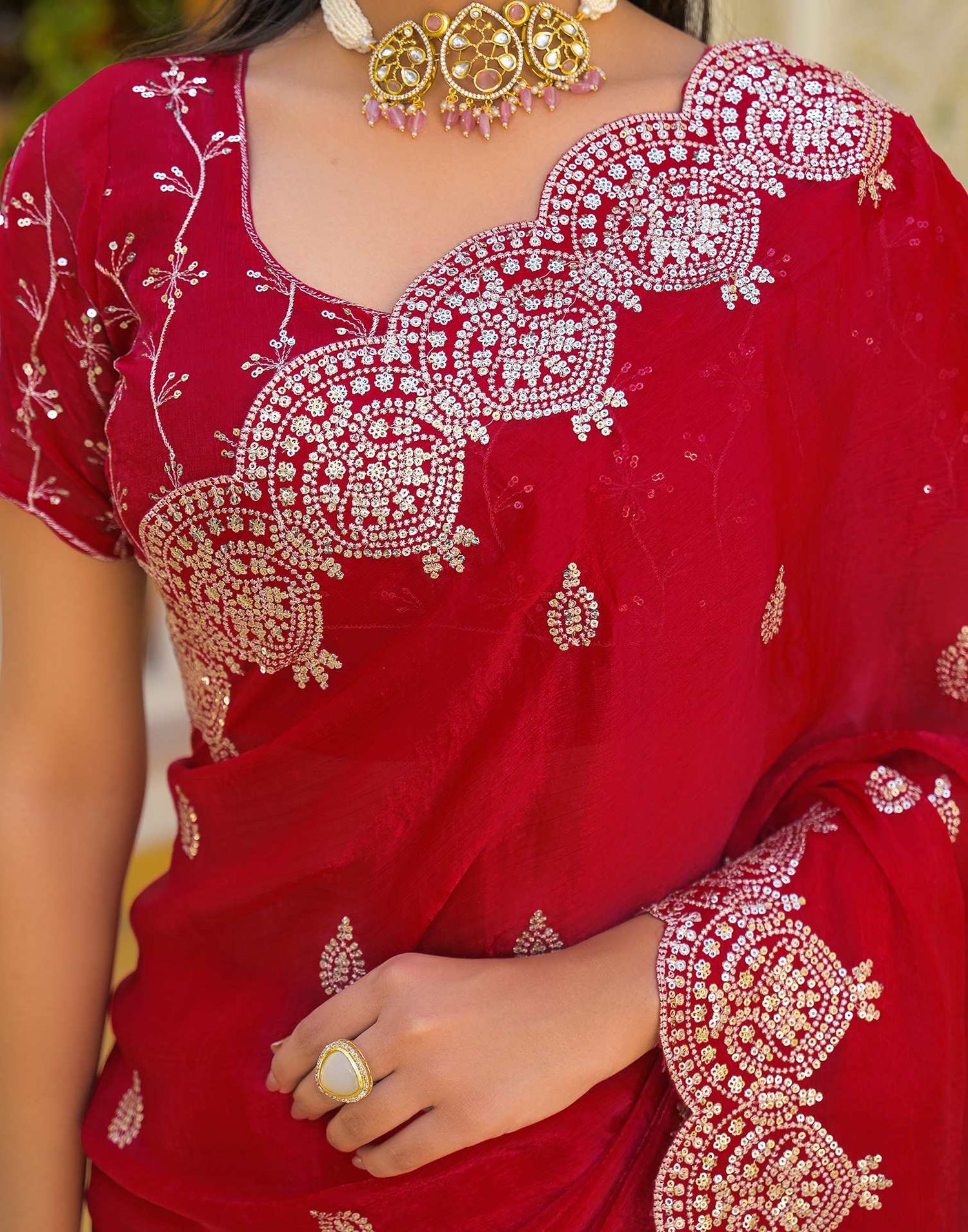 Red Shimmer Chiffon Sequence Embroidery saree