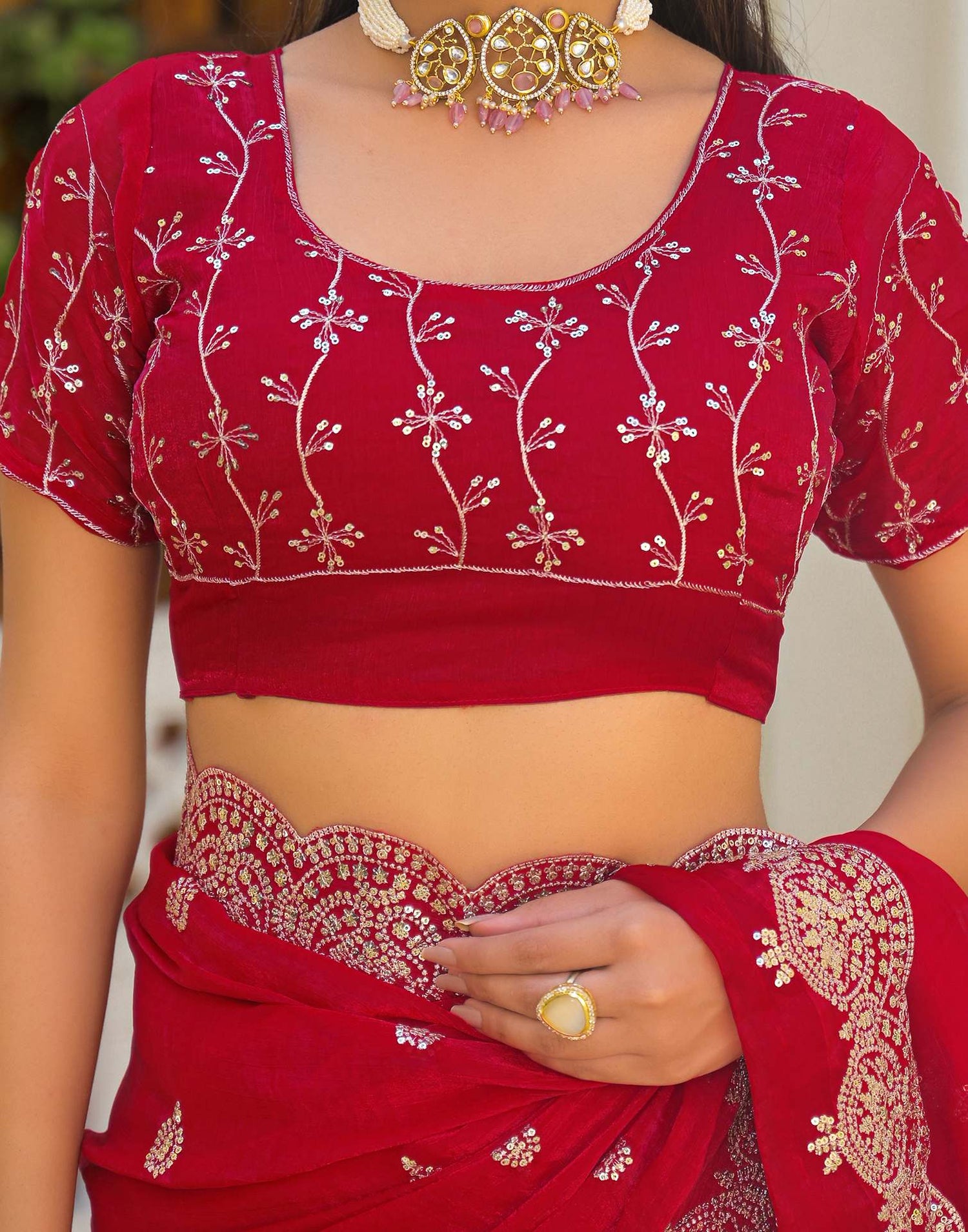 Red Shimmer Chiffon Sequence Embroidery saree