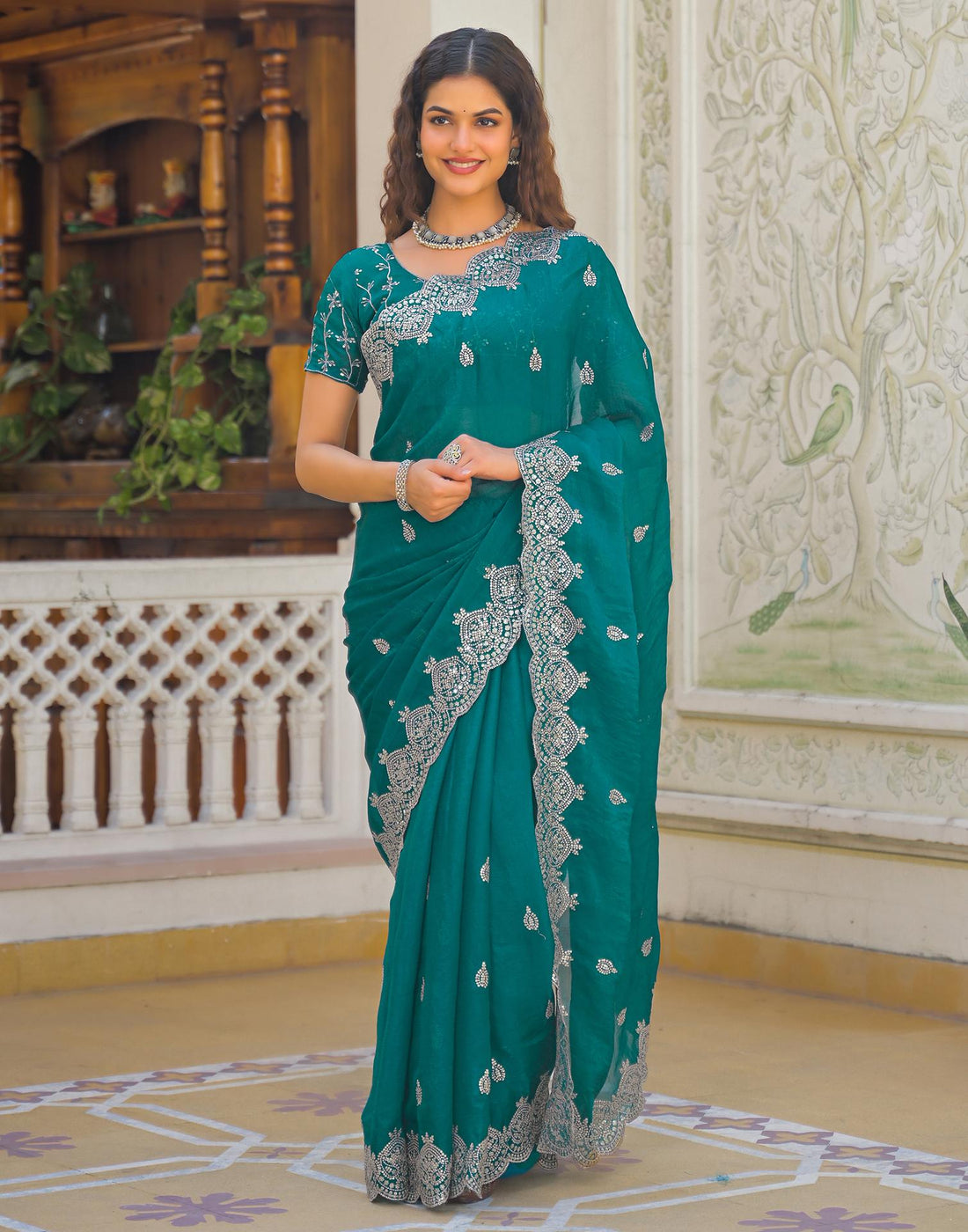 Teal Green Shimmer Chiffon Sequence Embroidery saree