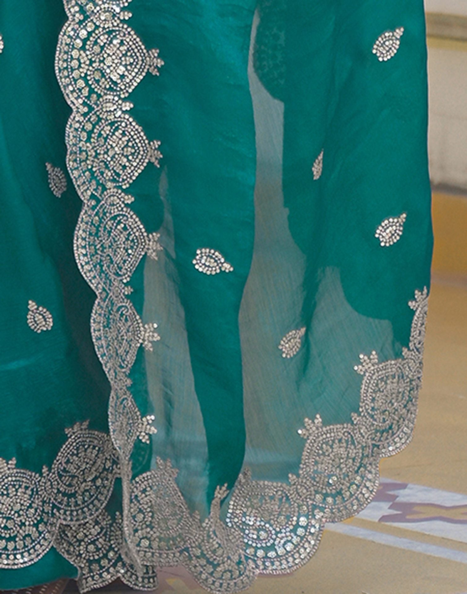 Teal Green Shimmer Chiffon Sequence Embroidery saree
