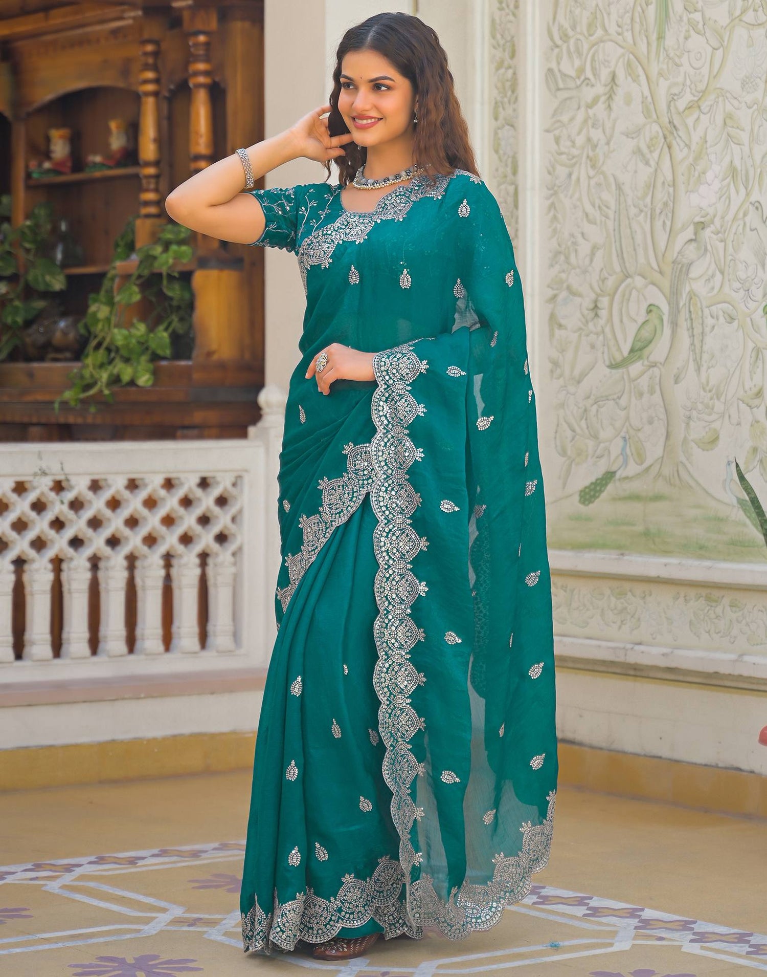 Teal Green Shimmer Chiffon Sequence Embroidery saree