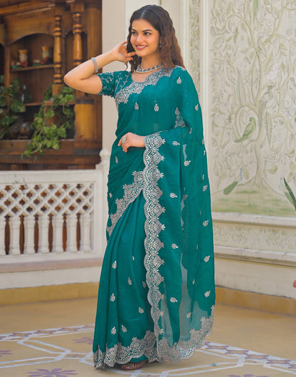 Teal Green Shimmer Chiffon Sequence Embroidery saree