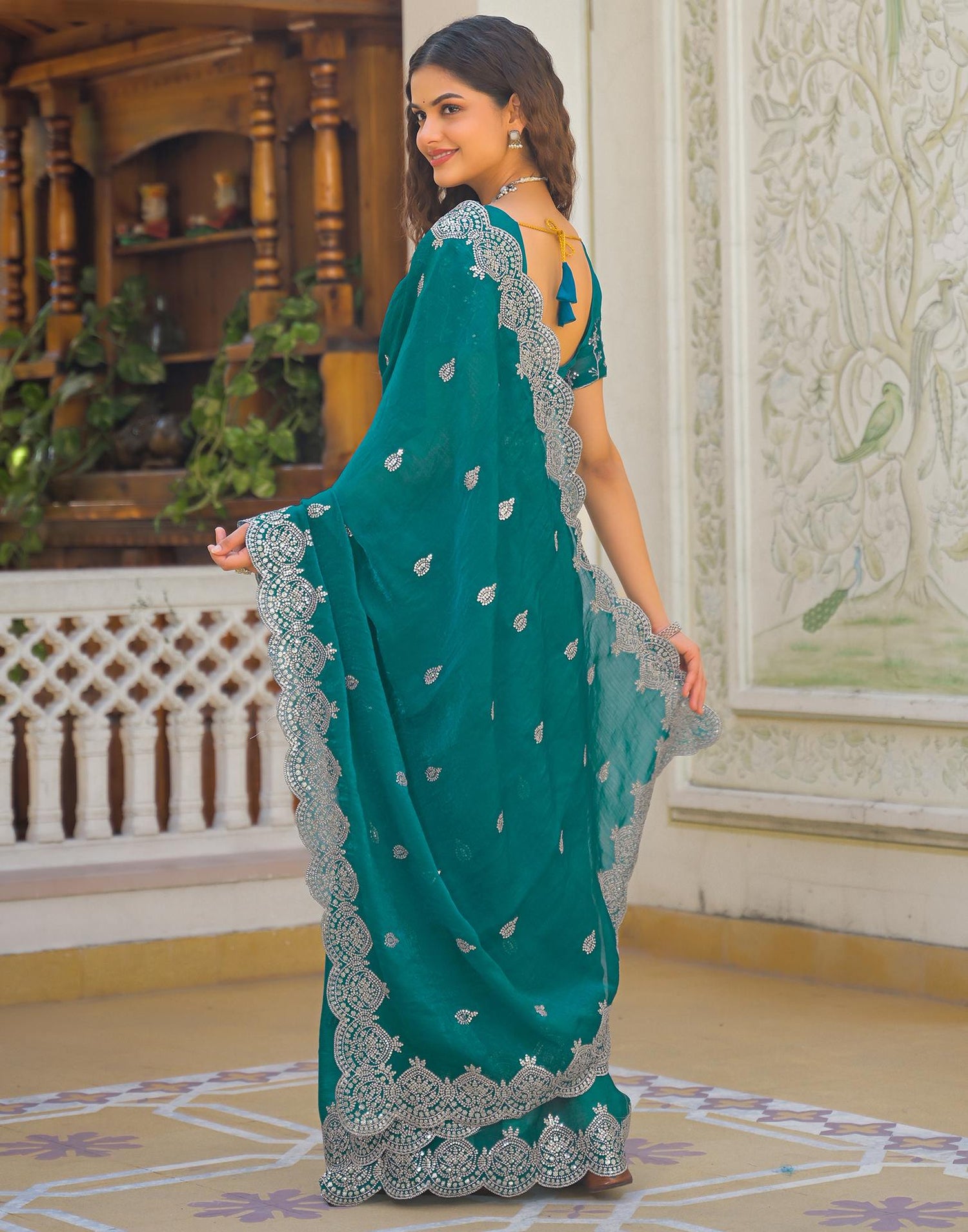 Teal Green Shimmer Chiffon Sequence Embroidery saree