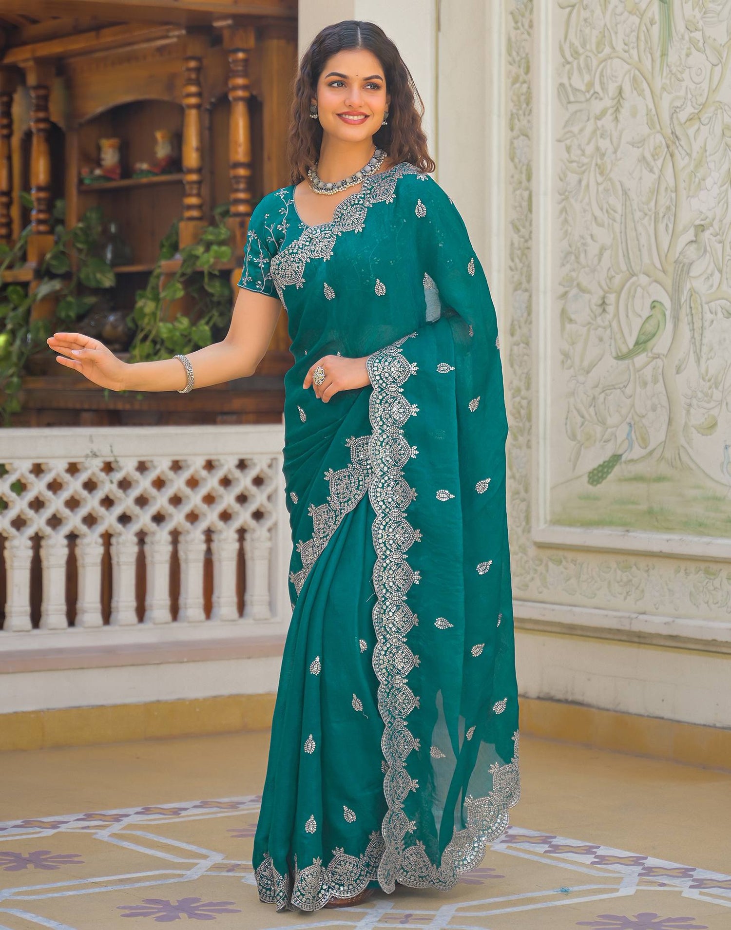 Teal Green Shimmer Chiffon Sequence Embroidery saree
