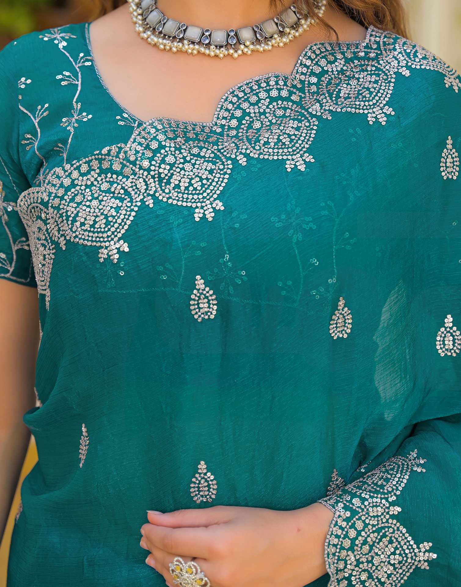 Teal Green Shimmer Chiffon Sequence Embroidery saree