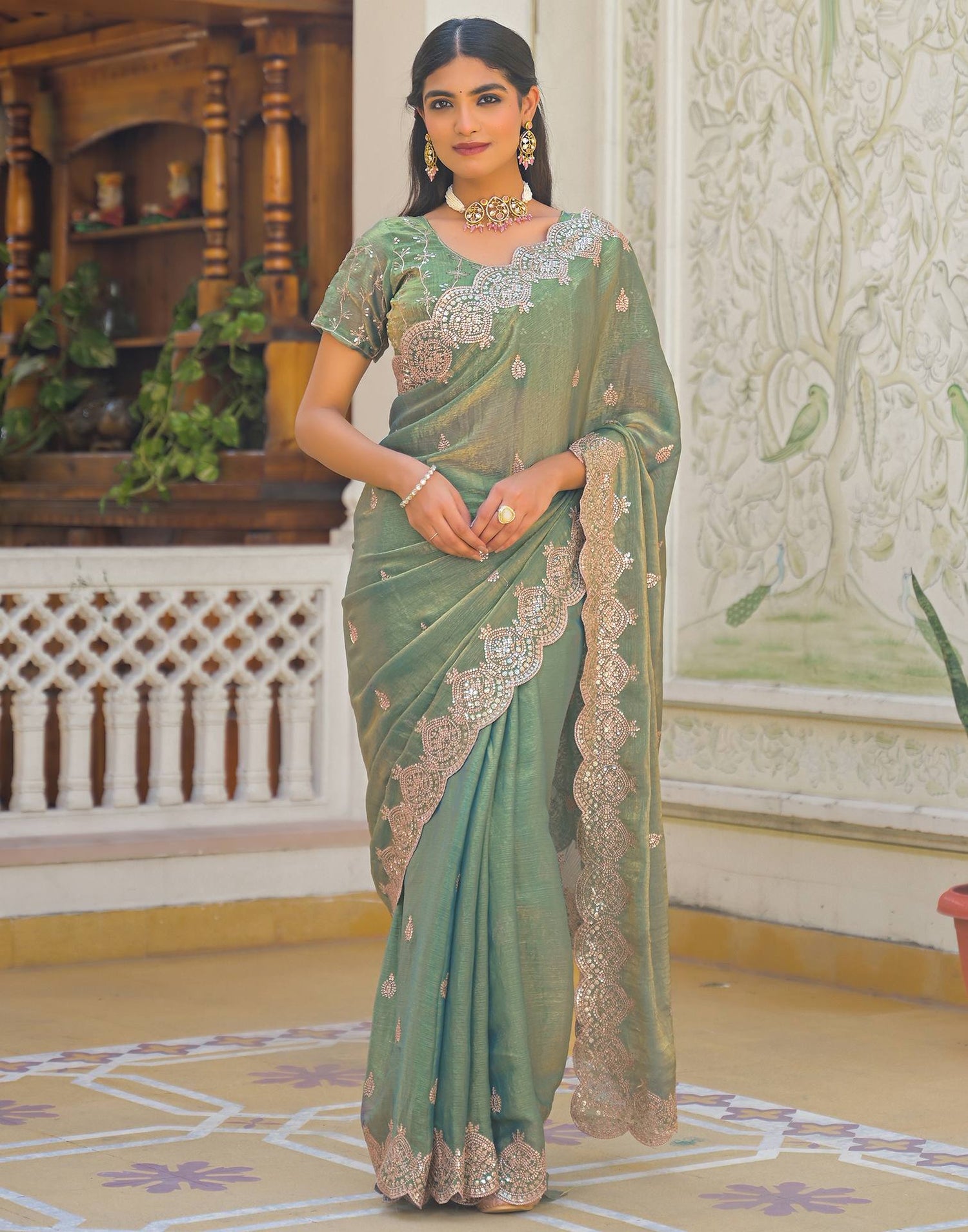 Mint Green Shimmer Chiffon Sequence Embroidery saree