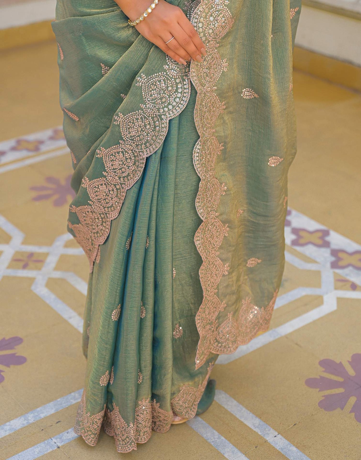 Mint Green Shimmer Chiffon Sequence Embroidery saree