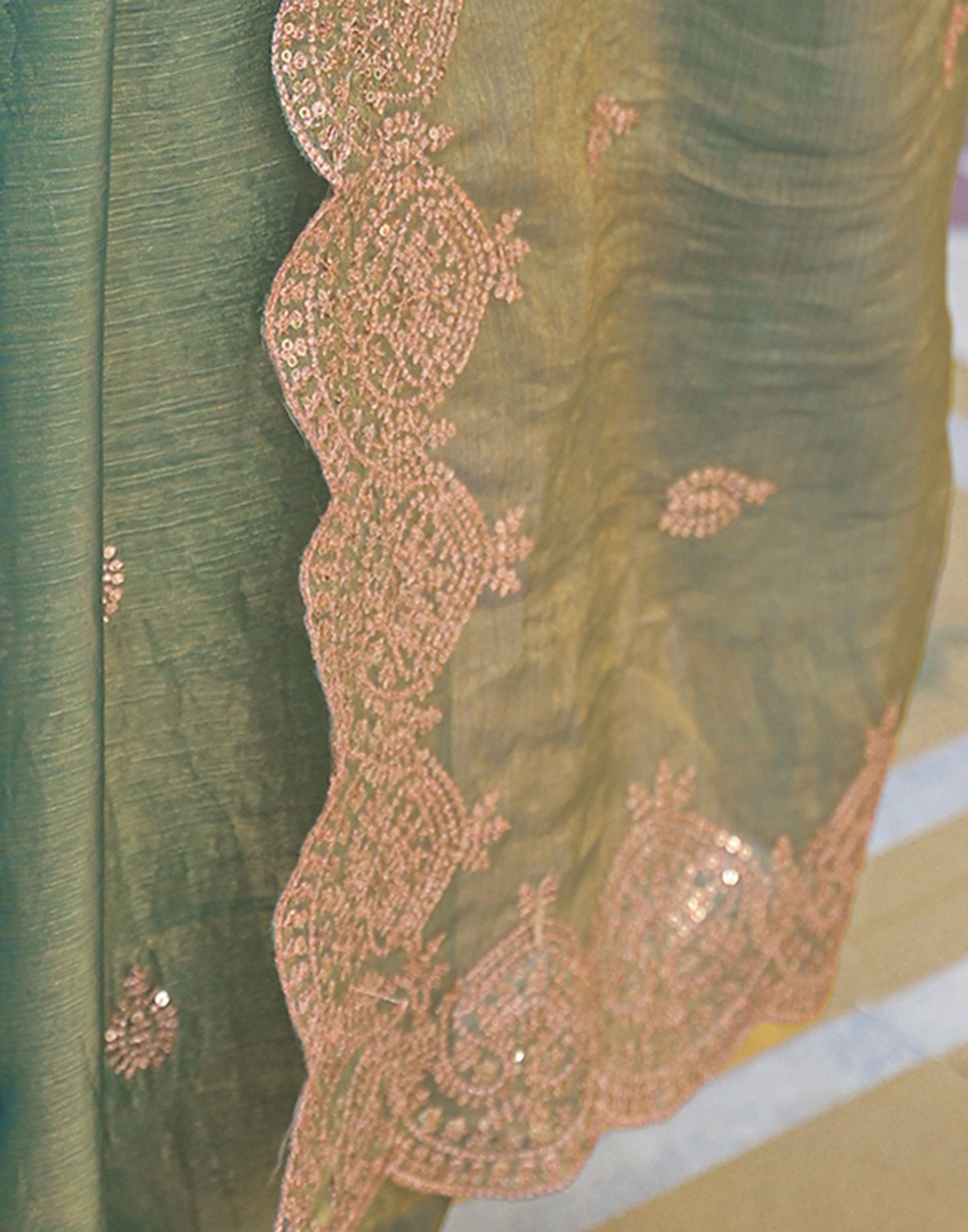 Mint Green Shimmer Chiffon Sequence Embroidery saree