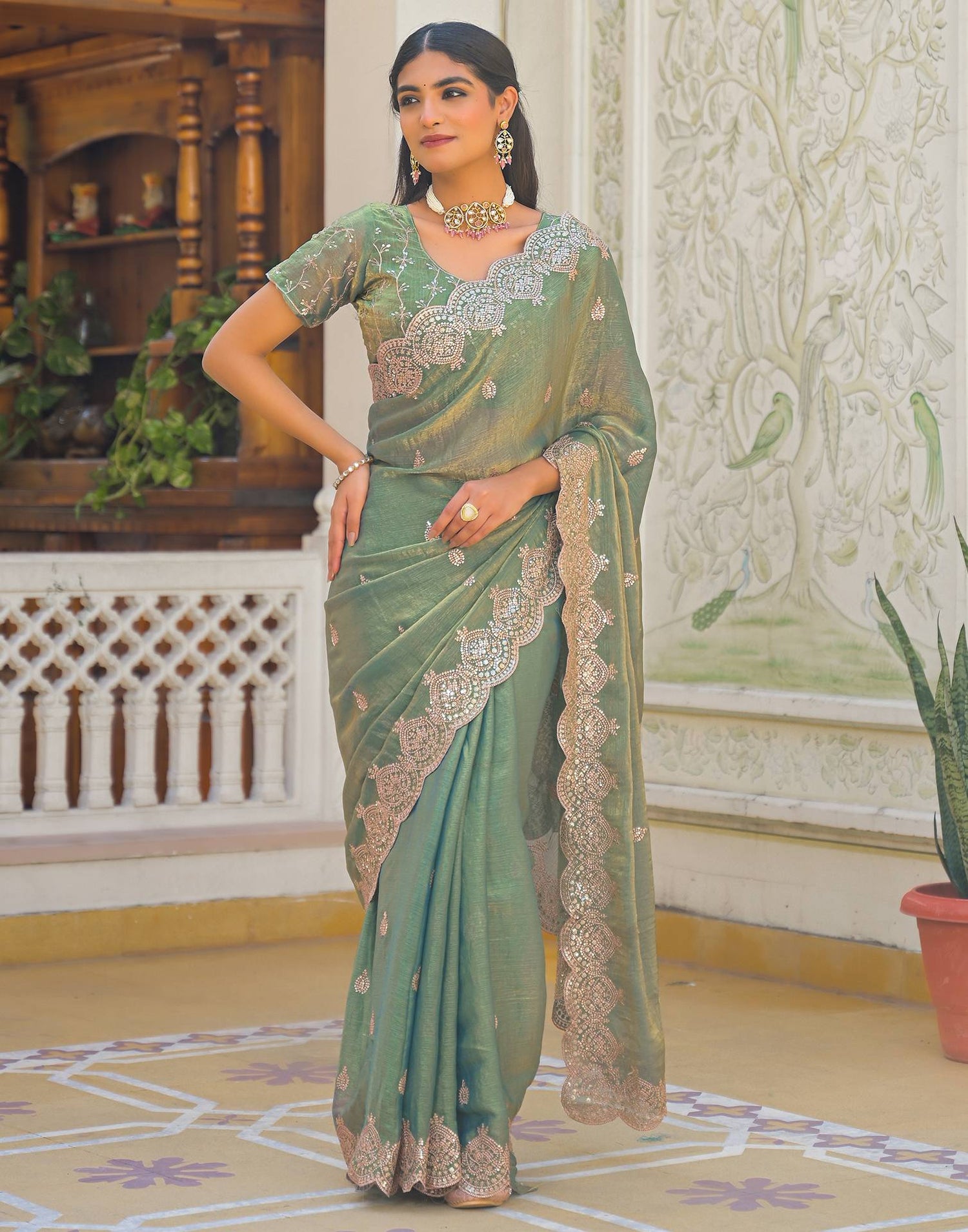 Mint Green Shimmer Chiffon Sequence Embroidery saree
