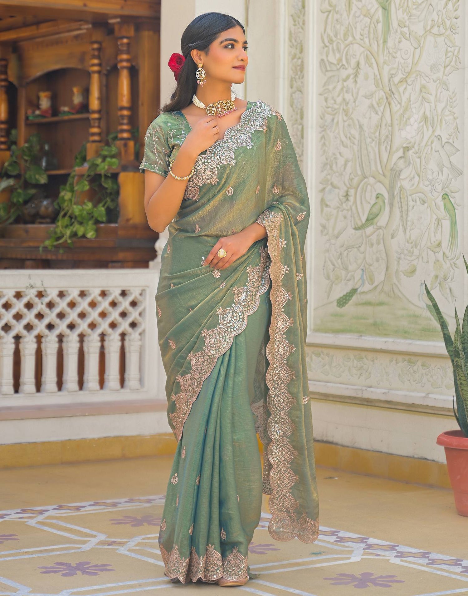 Mint Green Shimmer Chiffon Sequence Embroidery saree