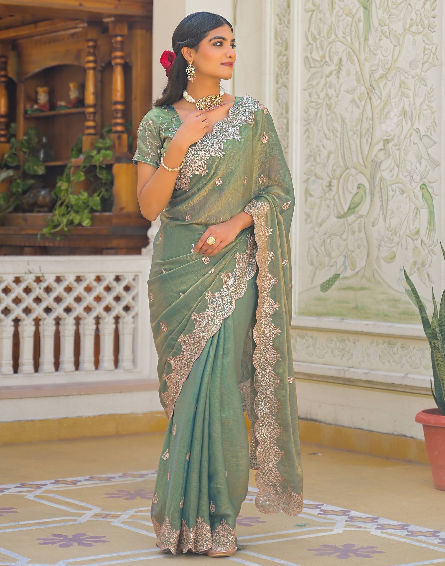 Mint Green Shimmer Chiffon Sequence Embroidery saree