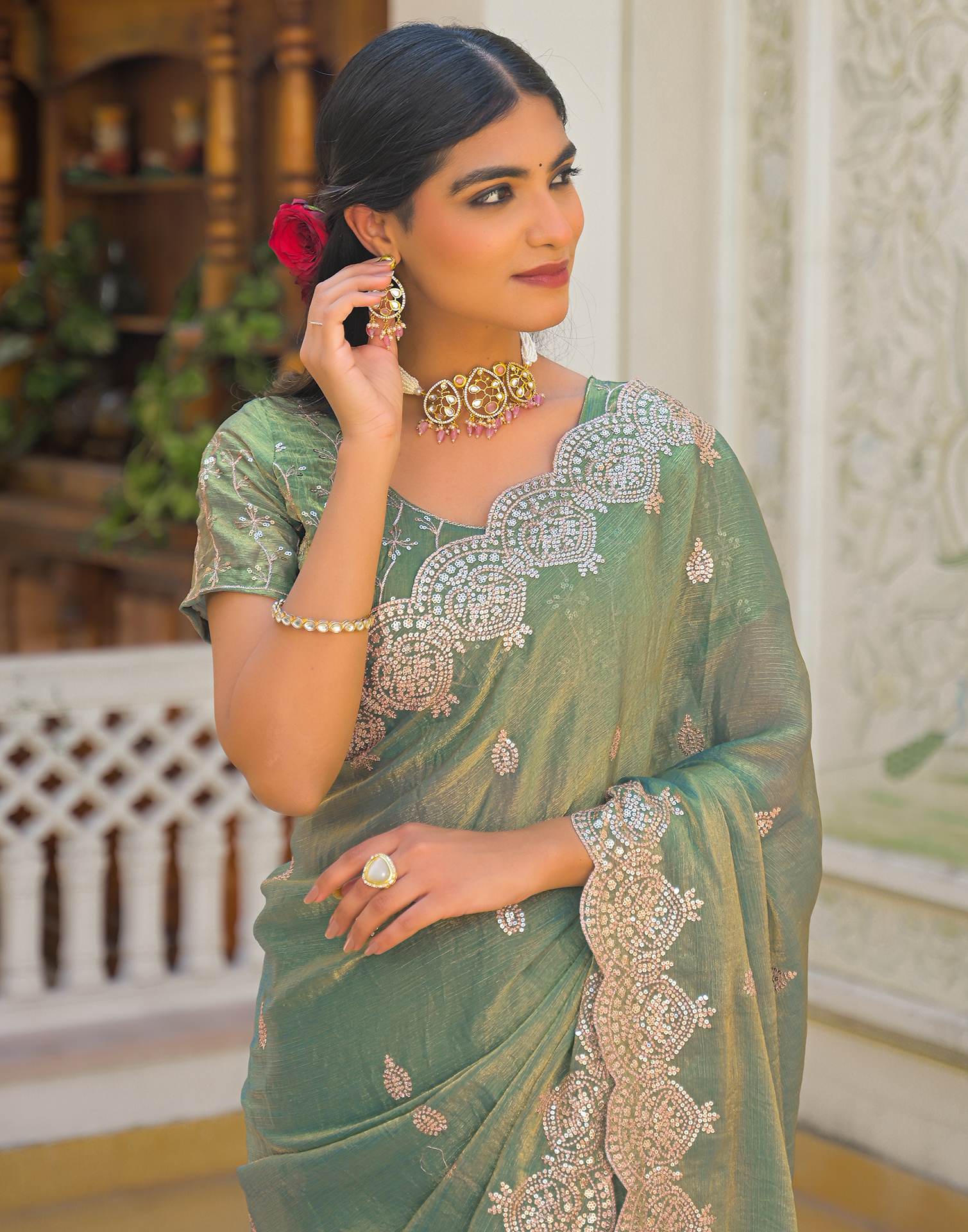 Mint Green Shimmer Chiffon Sequence Embroidery saree