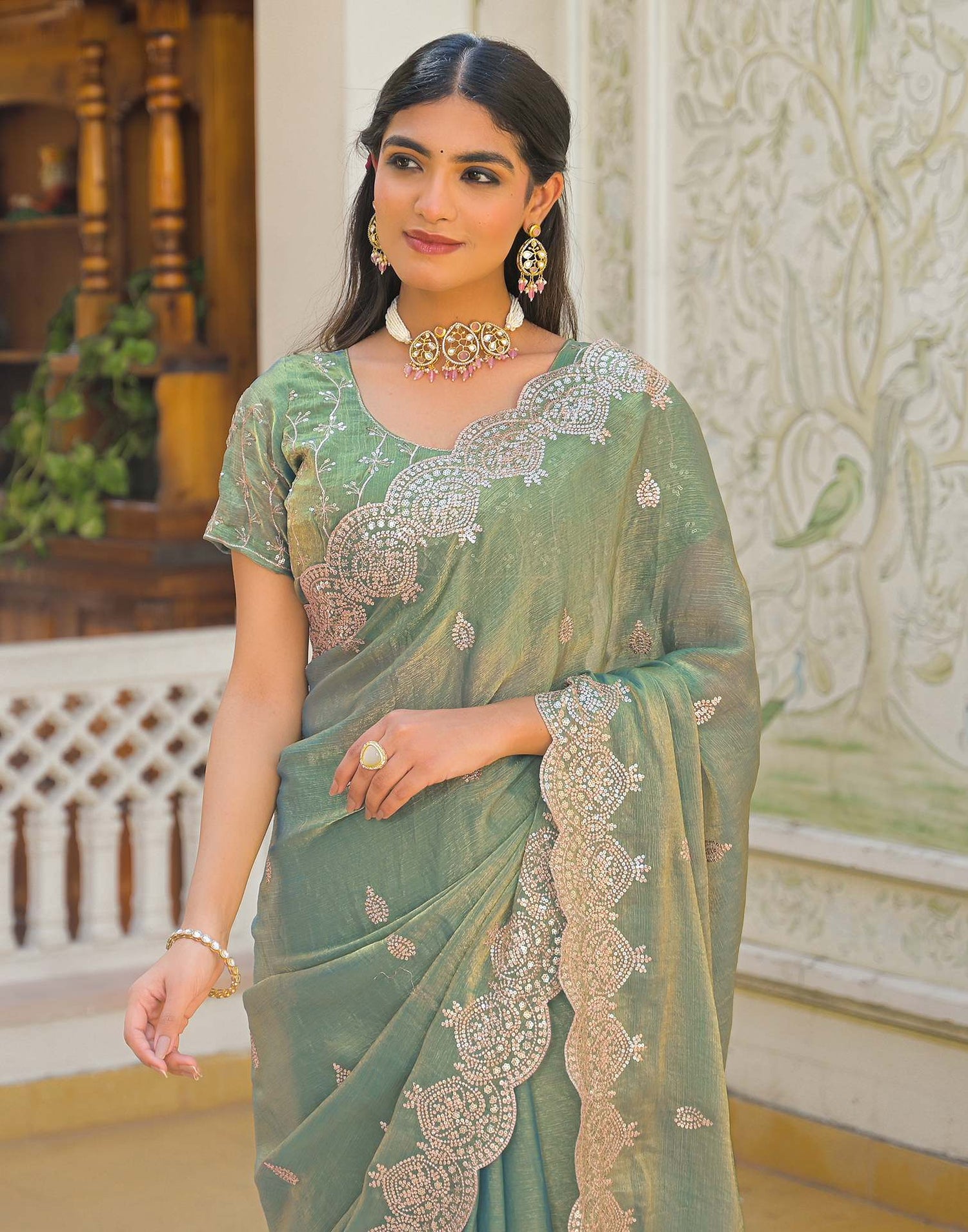 Mint Green Shimmer Chiffon Sequence Embroidery saree