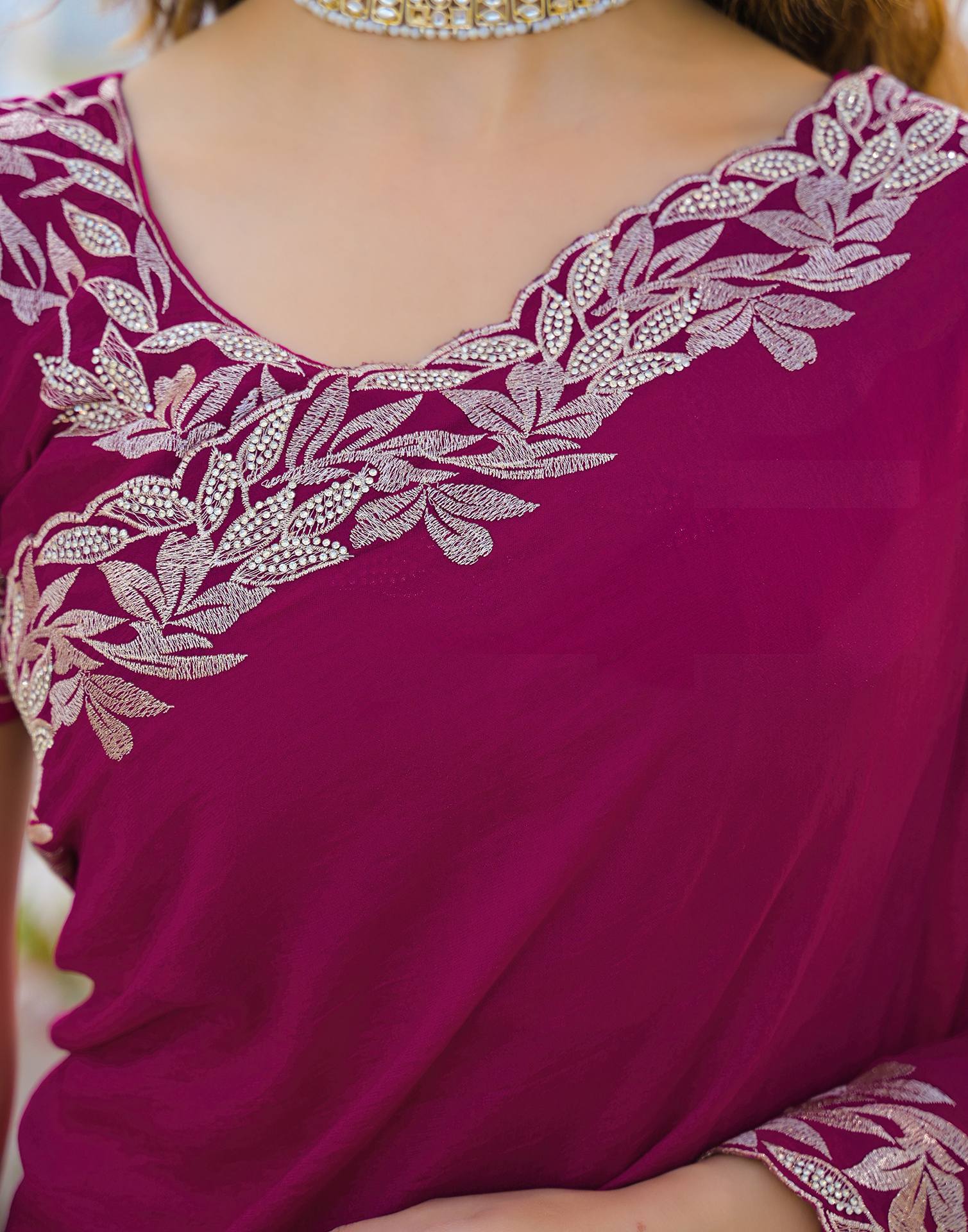 Pink Vichitra Silk Embroidery Saree