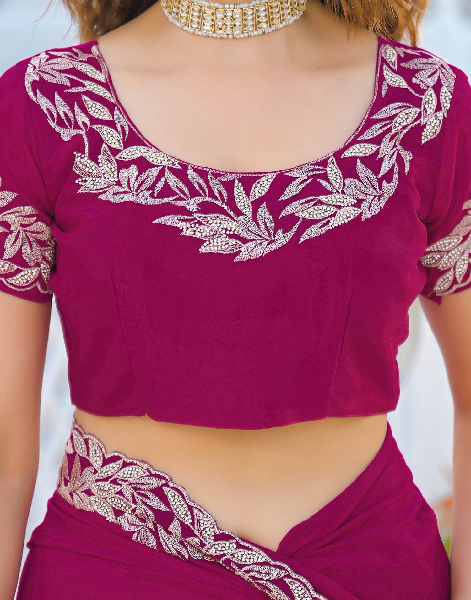 Pink Vichitra Silk Embroidery Saree