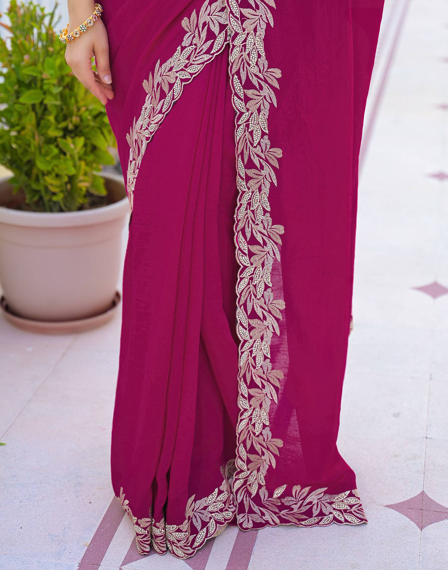 Pink Vichitra Silk Embroidery Saree