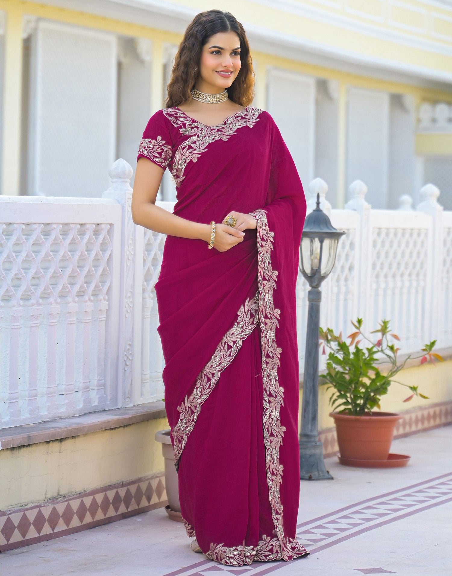 Pink Vichitra Silk Embroidery Saree