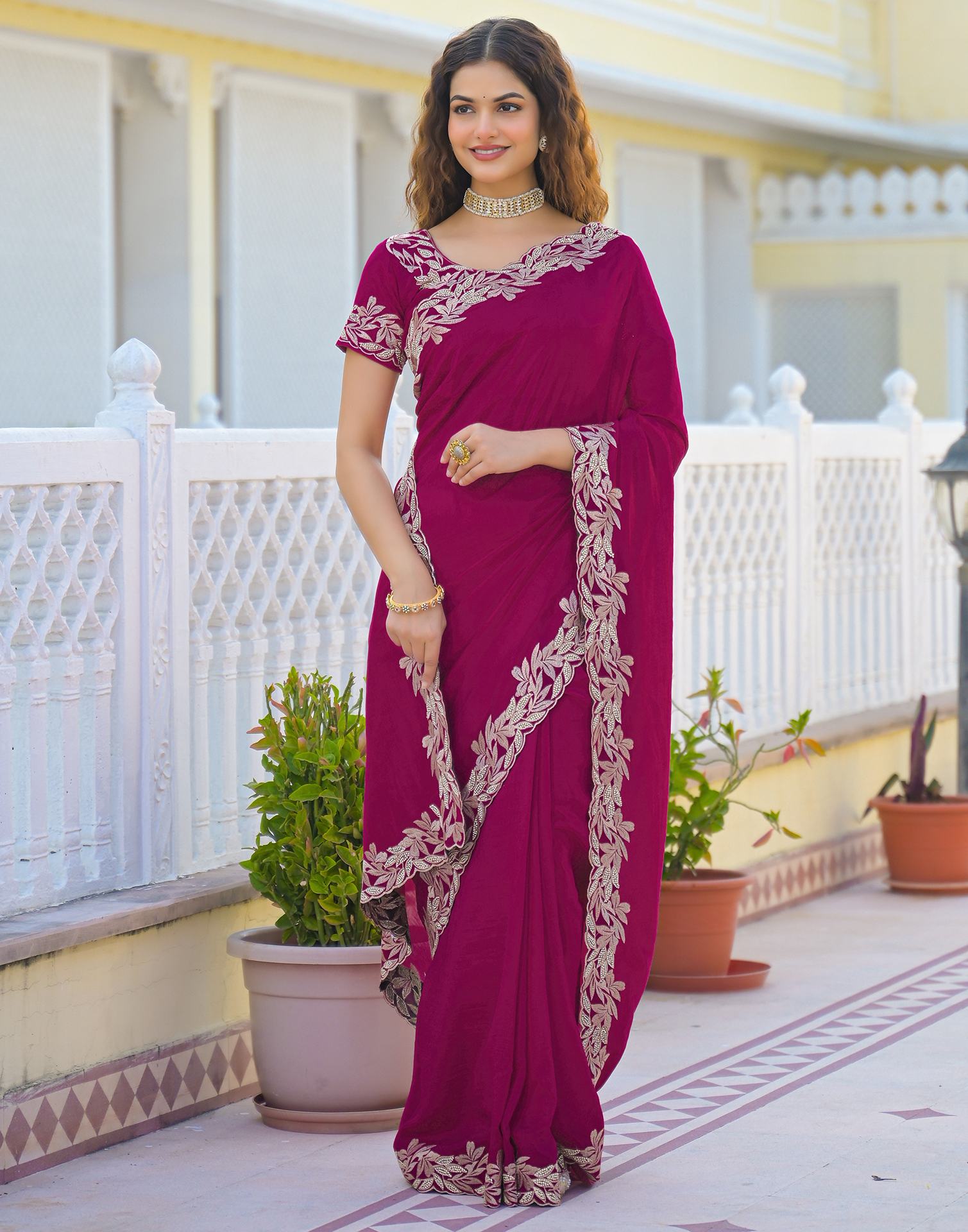 Pink Vichitra Silk Embroidery Saree