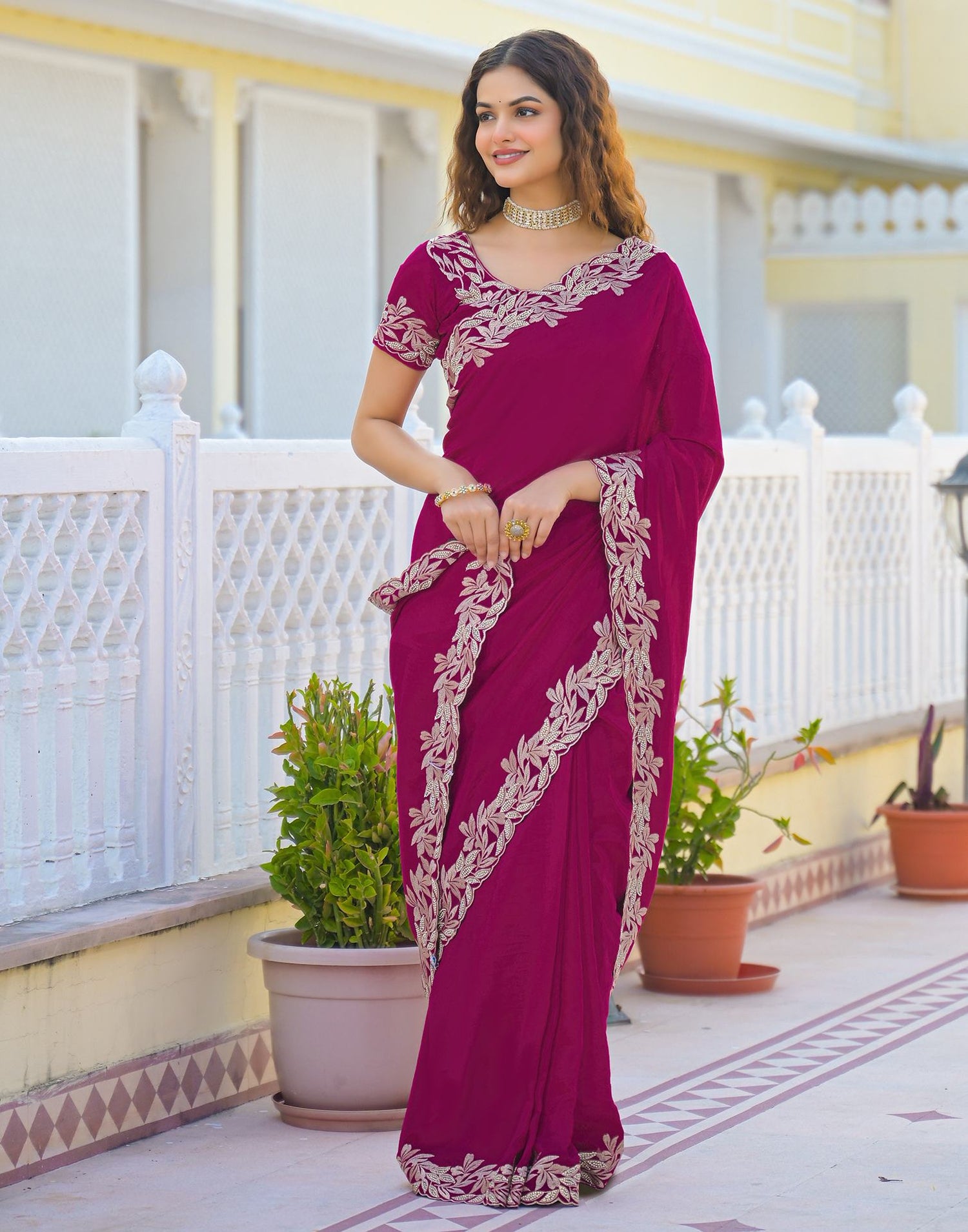 Pink Vichitra Silk Embroidery Saree