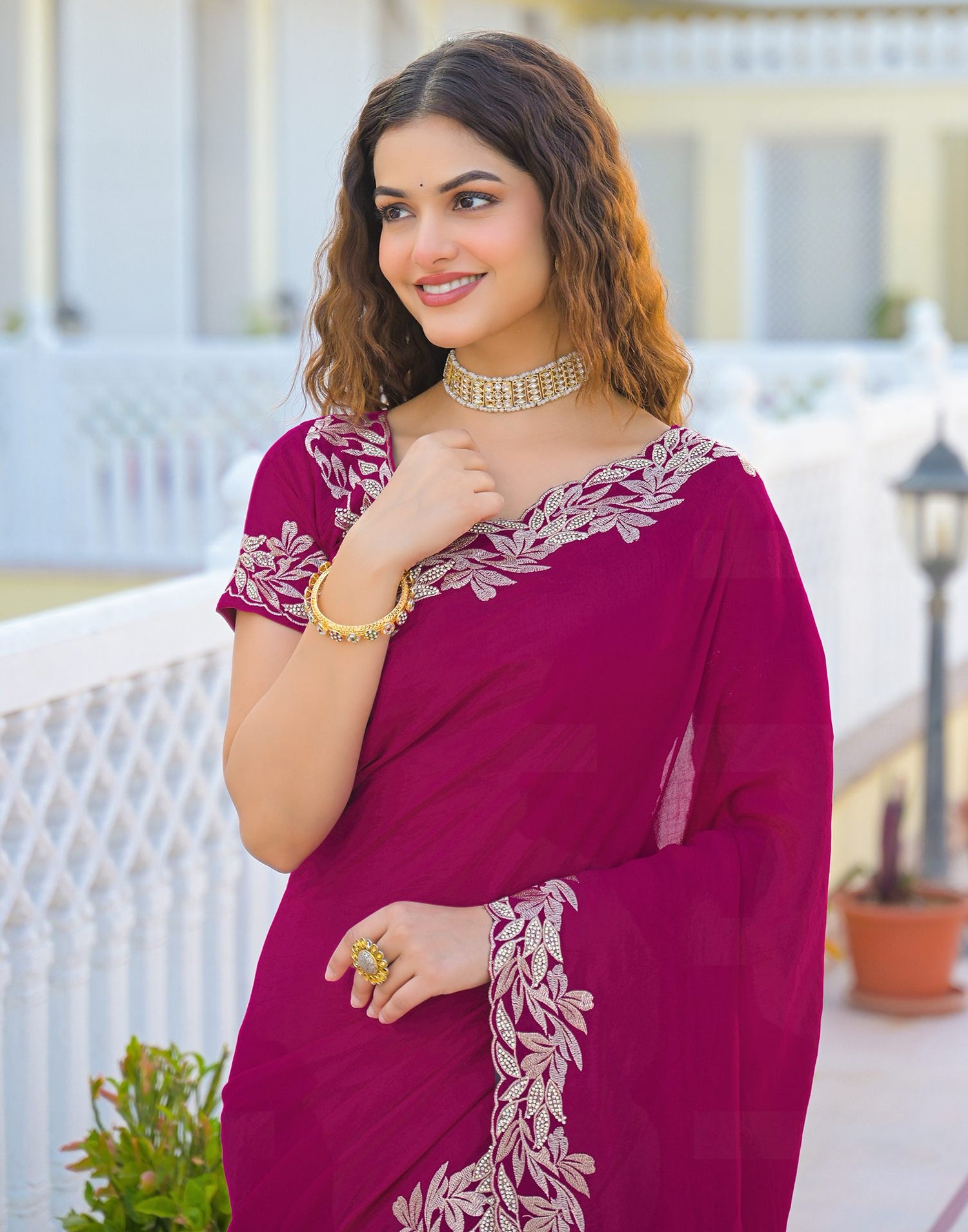 Pink Vichitra Silk Embroidery Saree