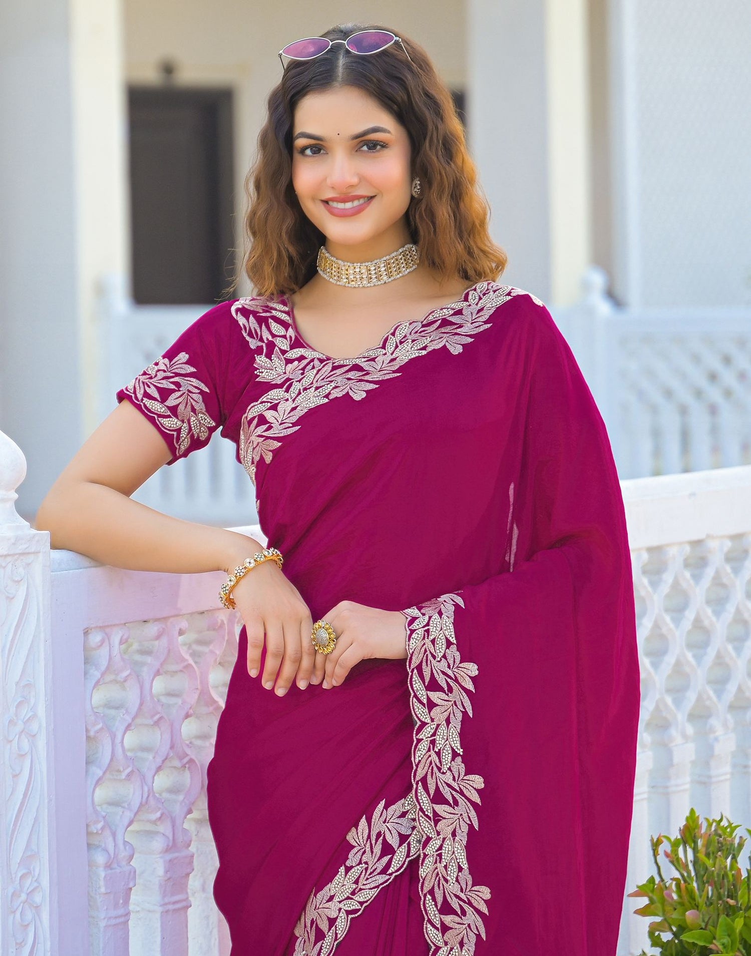 Pink Vichitra Silk Embroidery Saree