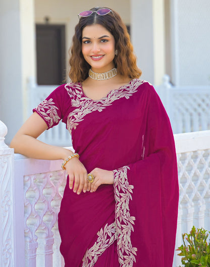 Pink Vichitra Silk Embroidery Saree
