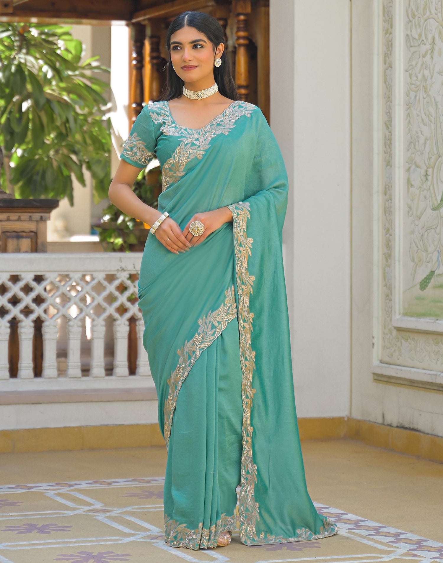 Turquoise Vichitra Silk Embroidery Saree