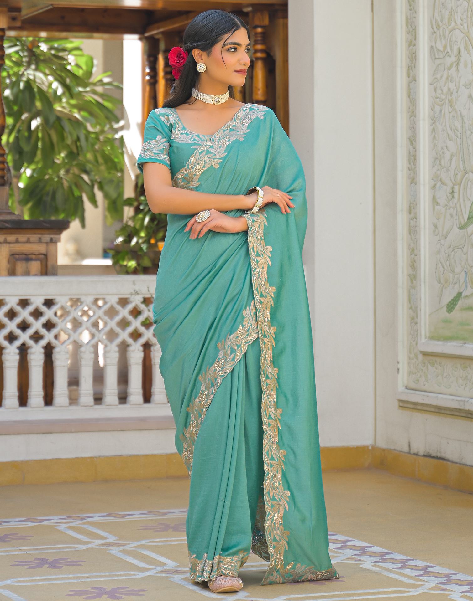 Turquoise Vichitra Silk Embroidery Saree