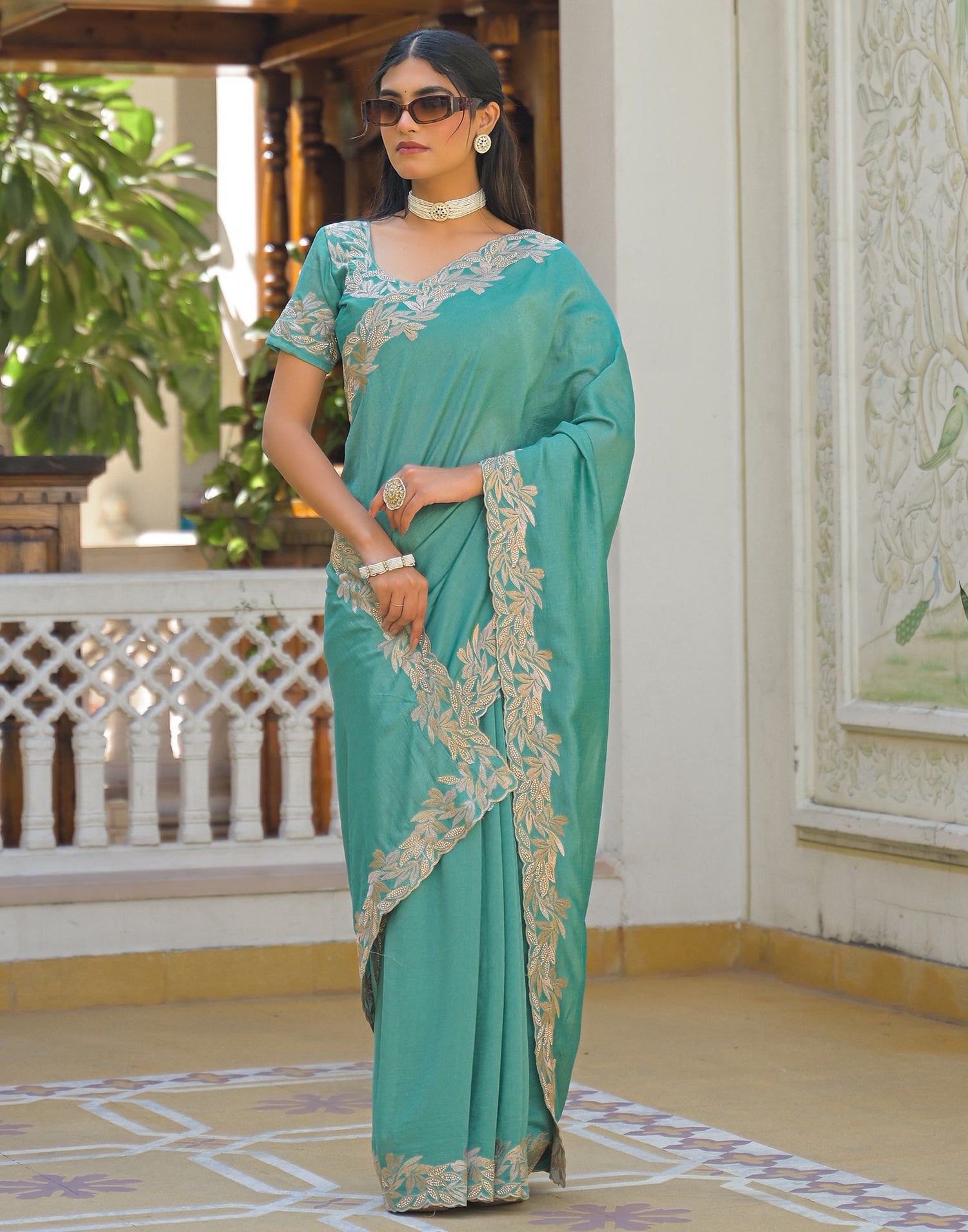 Turquoise Vichitra Silk Embroidery Saree