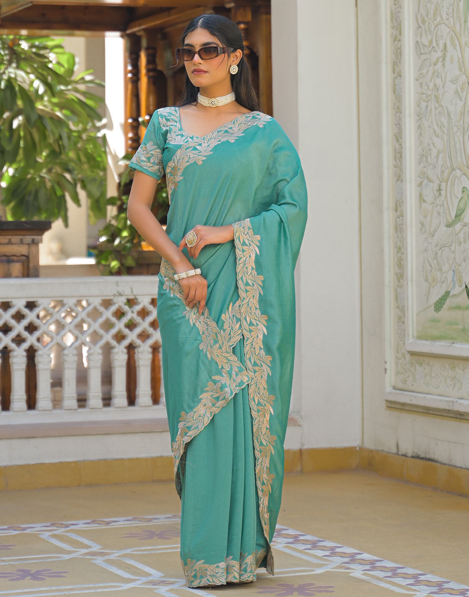 Turquoise Vichitra Silk Embroidery Saree