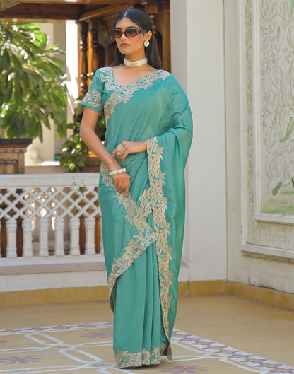 Turquoise Vichitra Silk Embroidery Saree