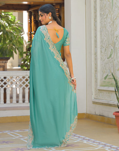 Turquoise Vichitra Silk Embroidery Saree