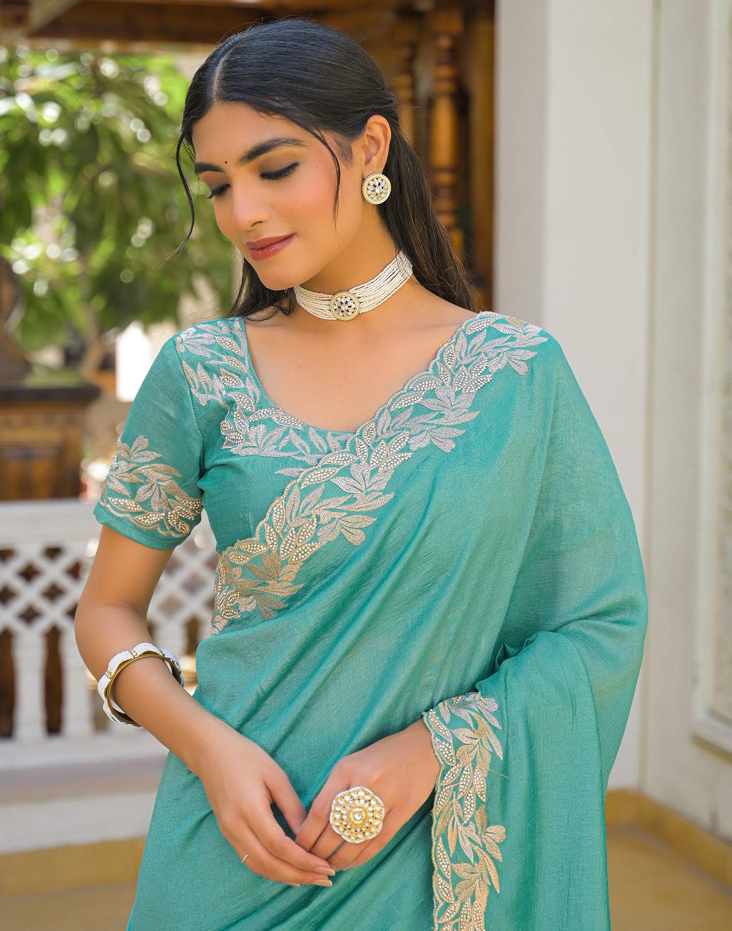 Turquoise Vichitra Silk Embroidery Saree