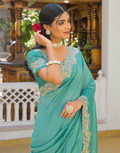 Turquoise Vichitra Silk Embroidery Saree