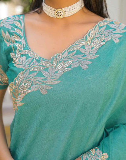 Turquoise Vichitra Silk Embroidery Saree