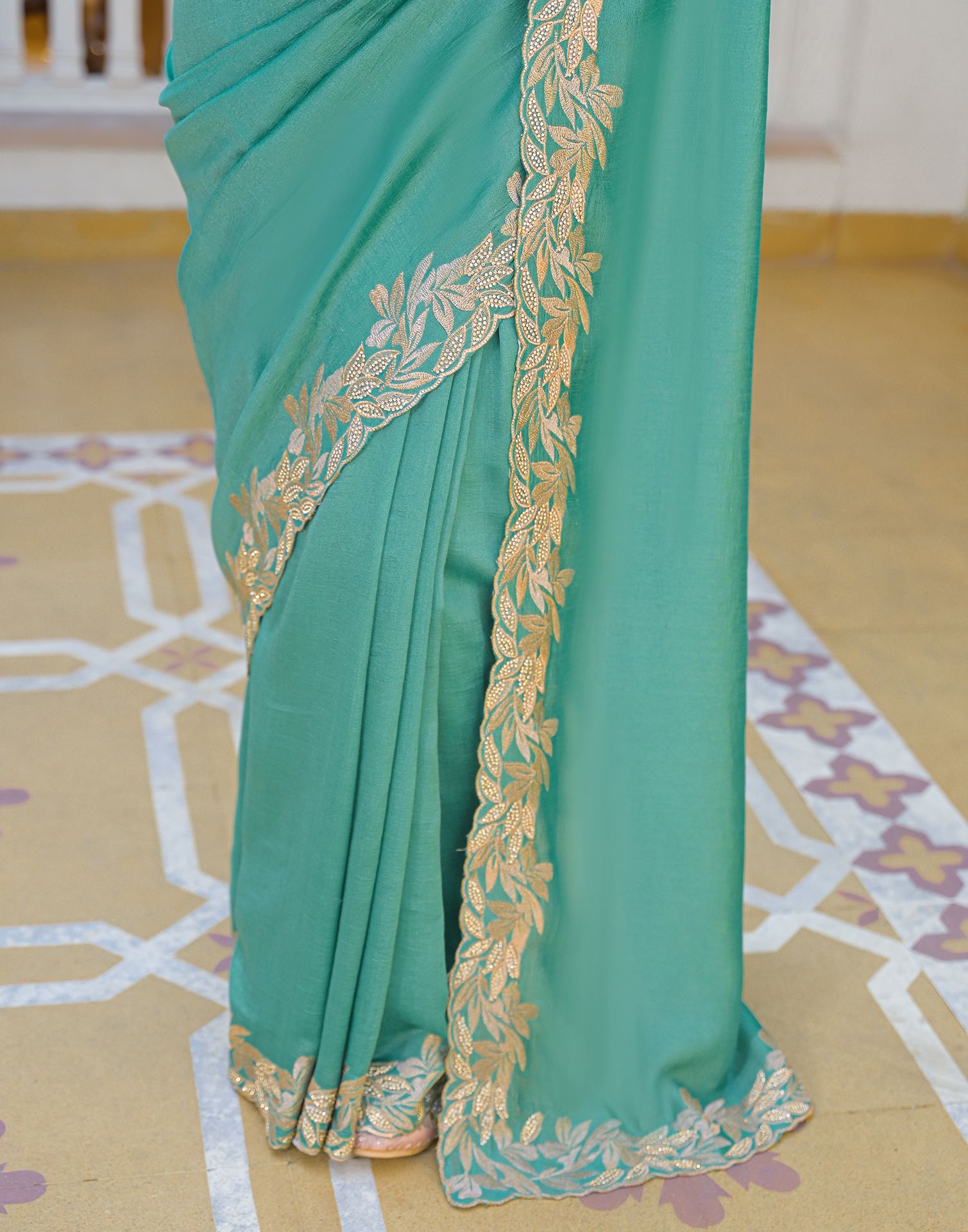 Turquoise Vichitra Silk Embroidery Saree