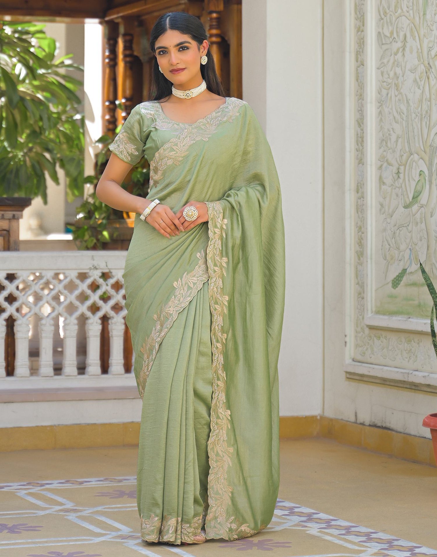 Mint Green Vichitra Silk Embroidery Saree