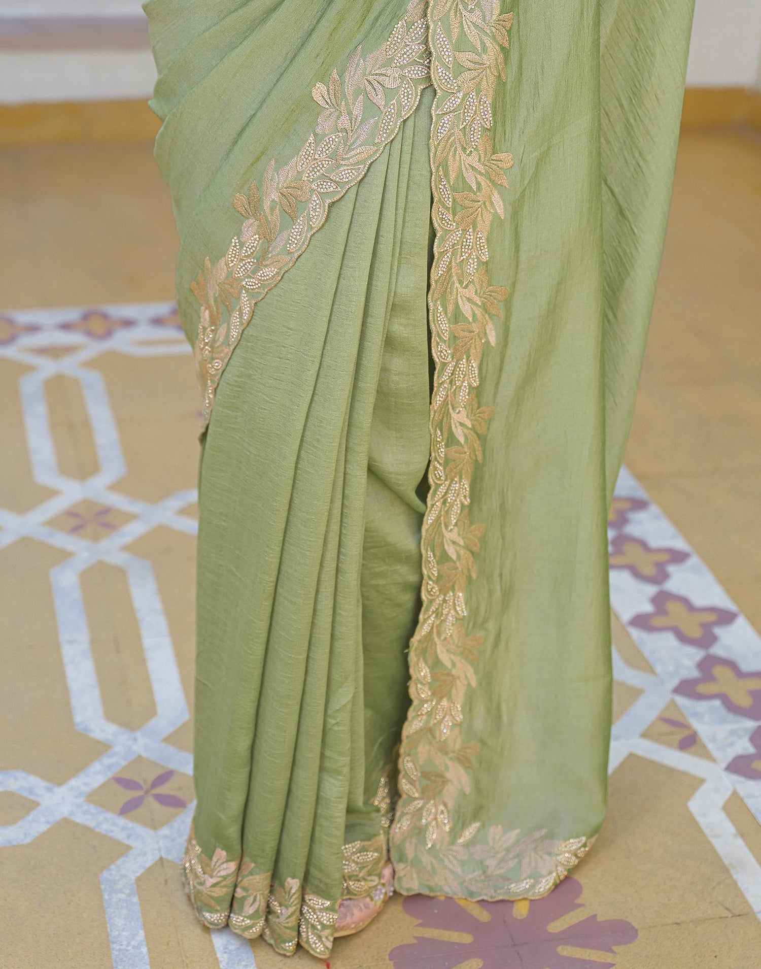 Mint Green Vichitra Silk Embroidery Saree
